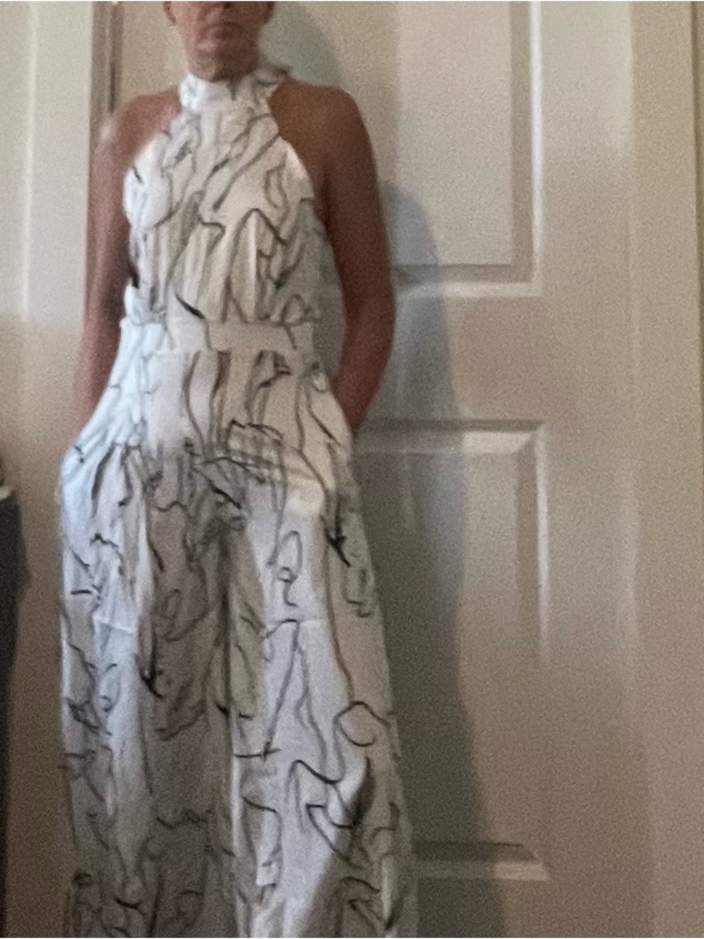 White Halter Jumpsuit with Black Abstract Line Print